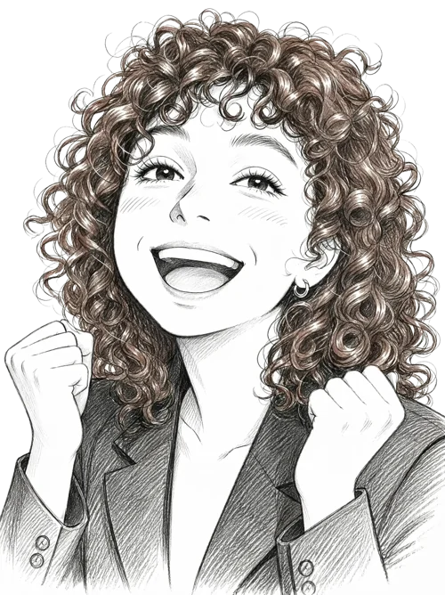 Ilustração a lápis da Jan sorrindo, com os punhos erguidos